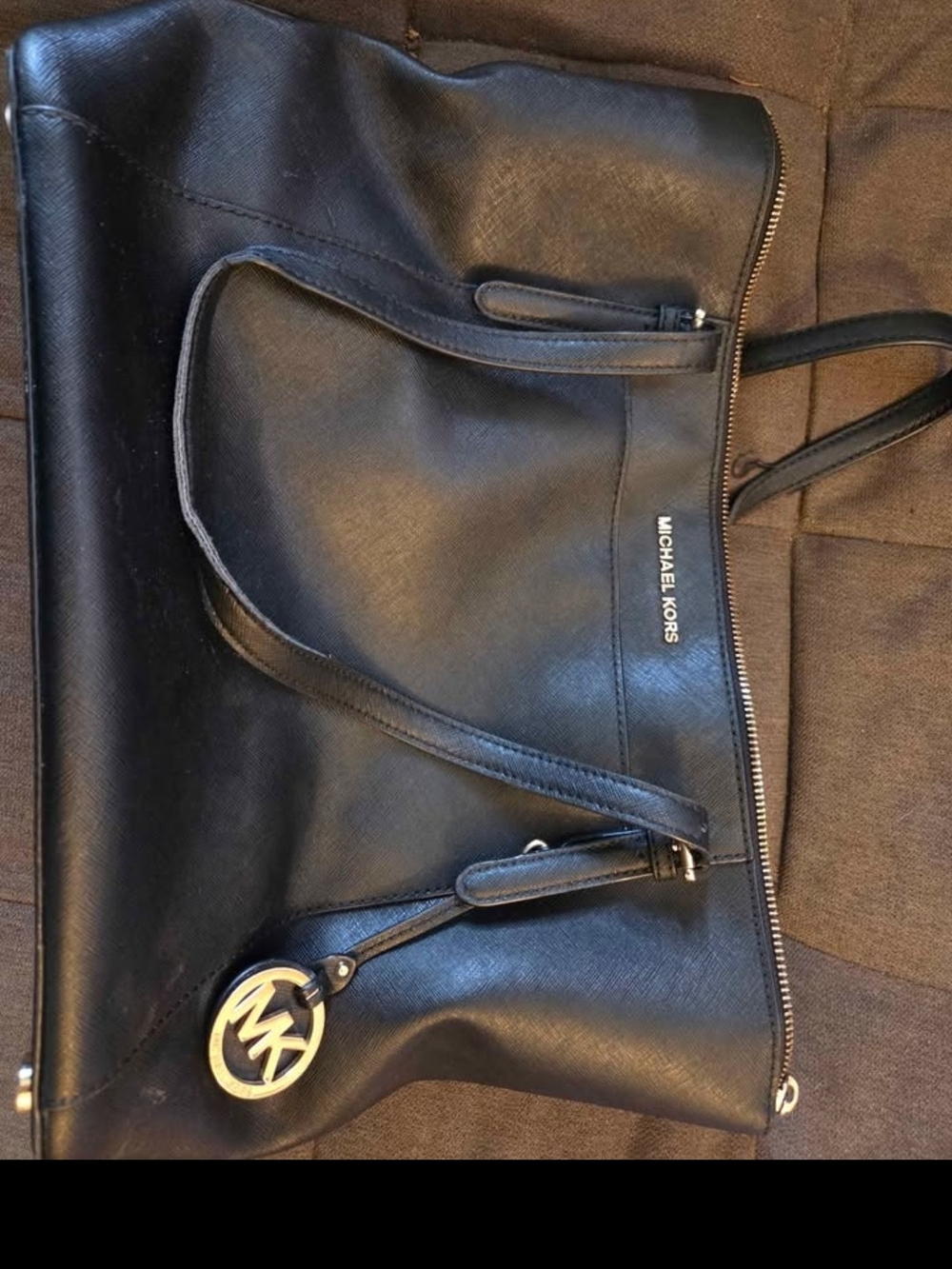 Michael Kors Black Leather Tote with Gold MK Charm